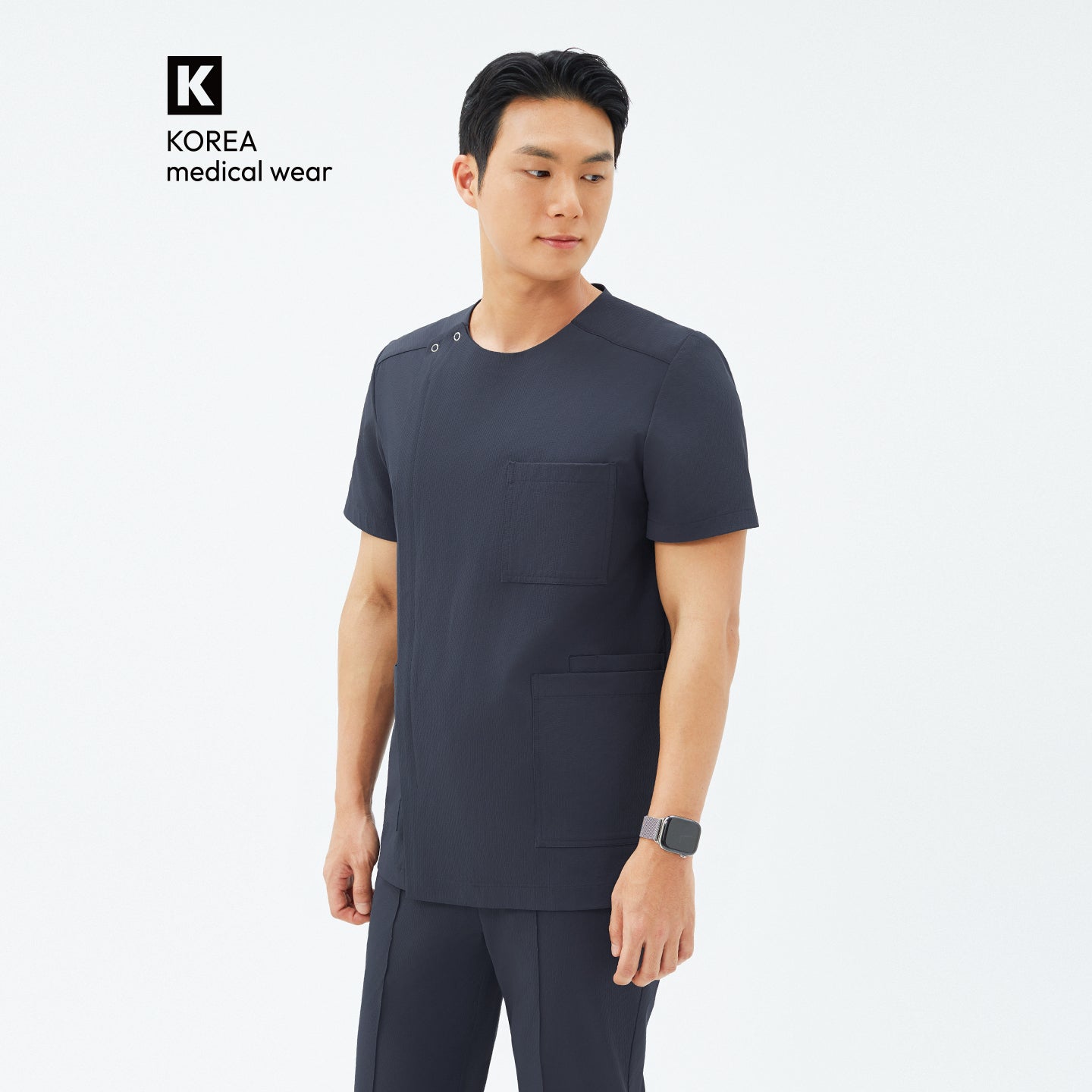 Image of Front view of TUL DS-189 Men's Round Snap Zipper Scrub Top in Deep Gray, highlighting the snap collar and sleek zipper closure.